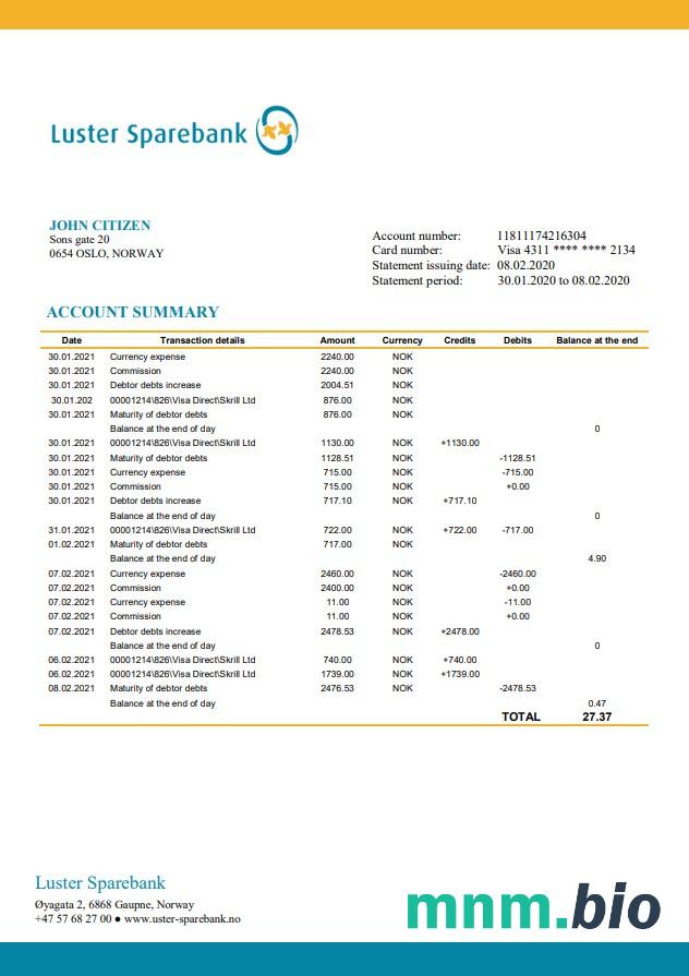 Norwegia Luster Sparebank szablon w formacie excel pdf